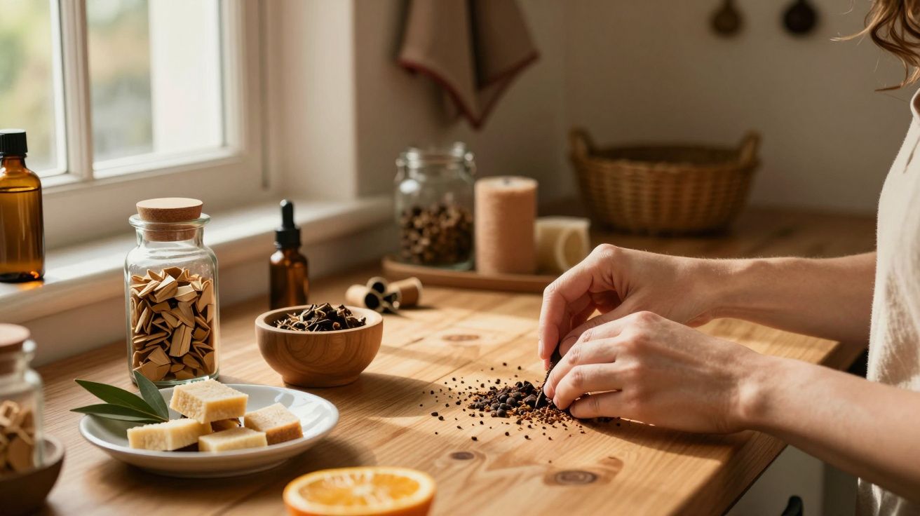 Mãos de pessoa preparando especiarias numa bancada de cozinha de madeira, com frascos, cesto e uma meia laranja ao lado.