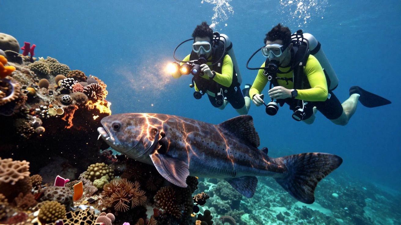 Mergulhadores observam um grande peixe e corais coloridos sob a água, cada um segurando uma lanterna e câmara.