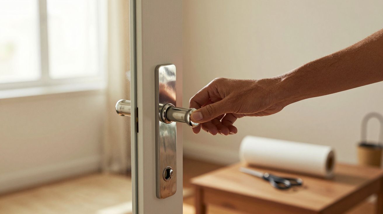 Pessoa a abrir uma porta com maçaneta metálica. Mesa de madeira ao fundo com tesoura e rolo de papel.