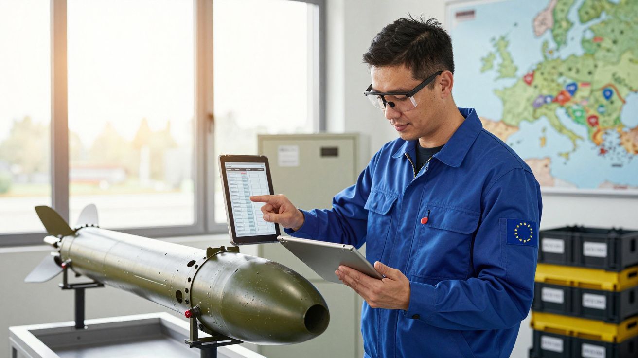 Homem de fato azul analisa dados em tablet ao lado de míssil em laboratório, mapa da Europa ao fundo.