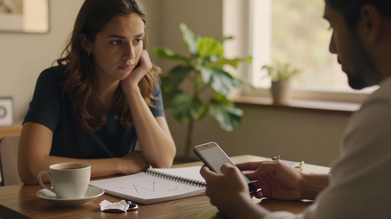 Mulher pensa enquanto homem segura telemóvel. Bloco de notas com gráficos na mesa, café e planta ao fundo.