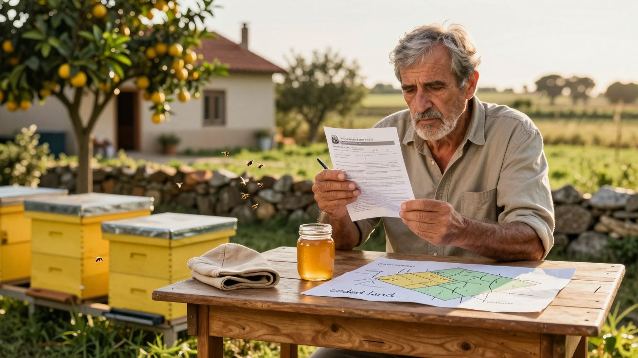 Homem sentado ao ar livre, lendo documento em mesa com mapa e frasco de mel. Abelha voa perto de colmeias amarelas.