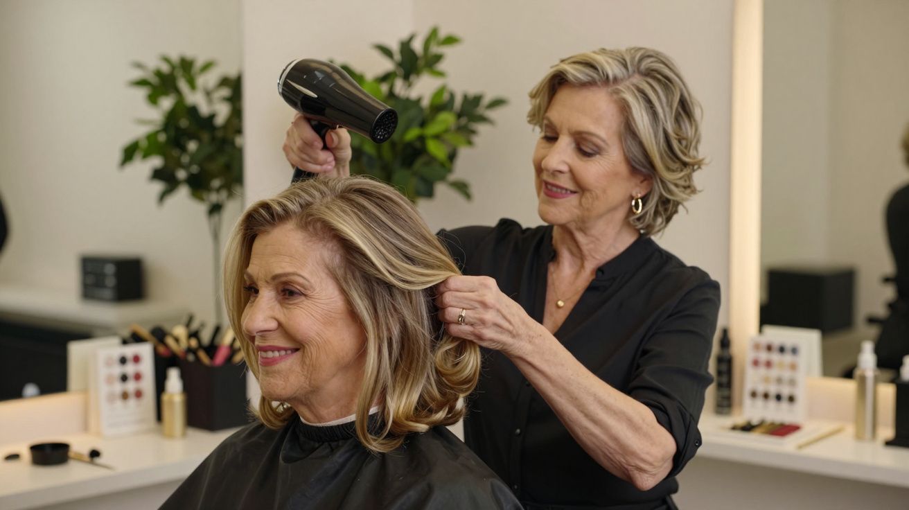 Mulher a secar o cabelo de uma cliente num salão de cabeleireiro, com plantas e produtos de beleza ao fundo.