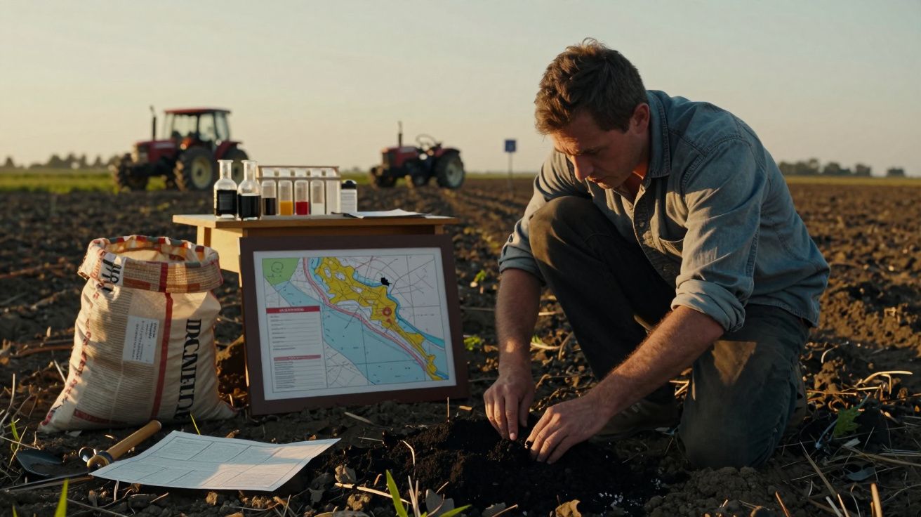 Homem analisa solo numa plantação, com mapa, amostras e tratores ao fundo.