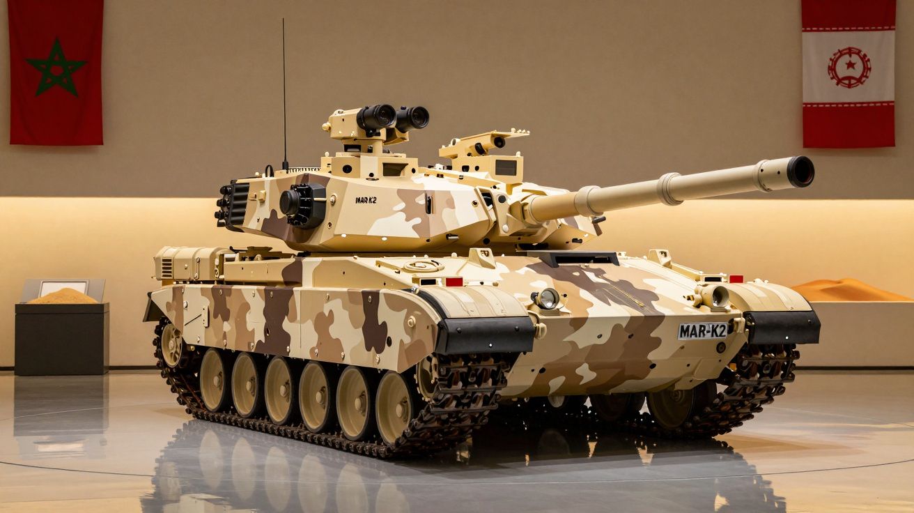 Tanque de guerra camuflado em exposição, cercado por bandeiras nas paredes ao fundo.