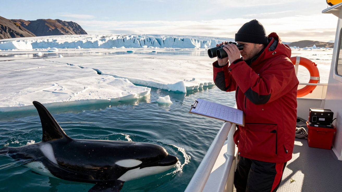 Investigador de casaco vermelho observa uma orca através de binóculos num barco, com gelo e montanhas ao fundo.