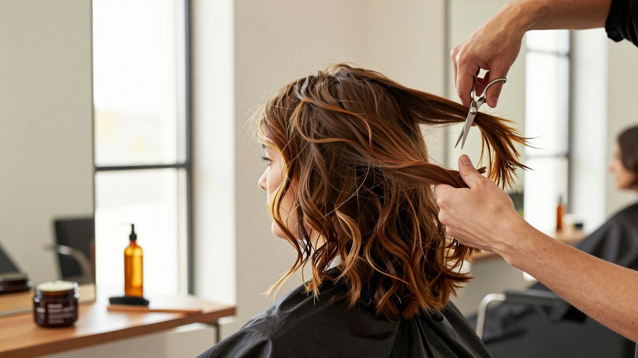 Mulher com cabelo ondulado a ser cortado num salão de cabeleireiro iluminado.