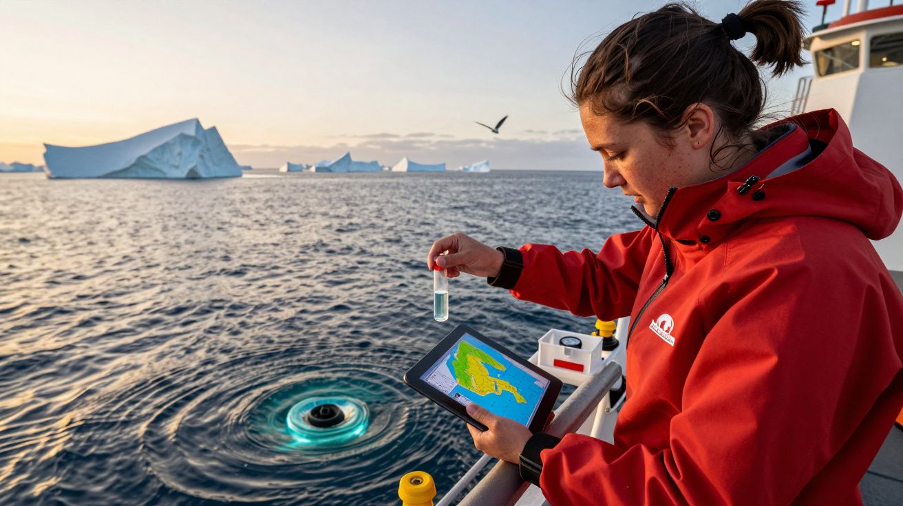 Pessoa com casaco vermelho coleta amostra de água com icebergues ao fundo.