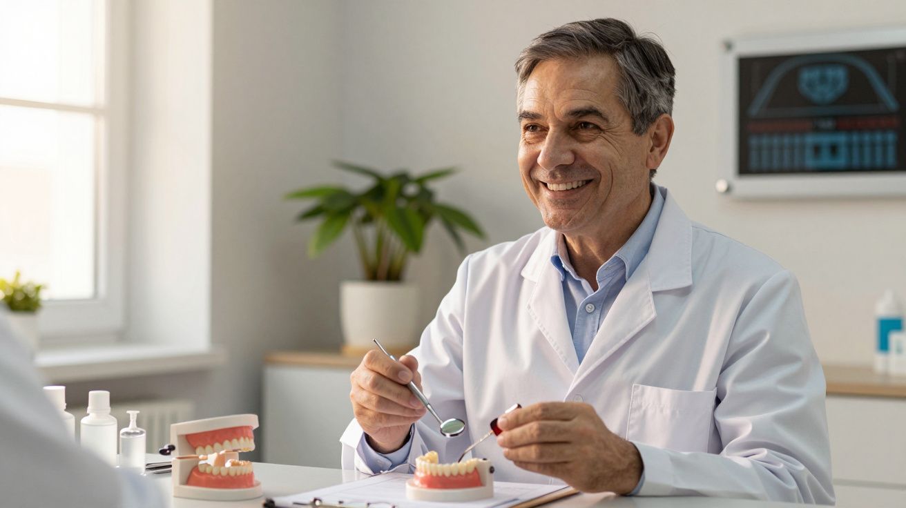 Dentista sénior sorridente trabalha com modelo dentário em consultório iluminado por janela.