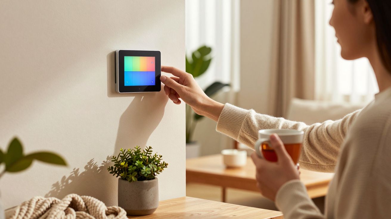 Mulher ajusta um termostato digital numa parede enquanto segura uma chávena de café, com plantas em cima da mesa.