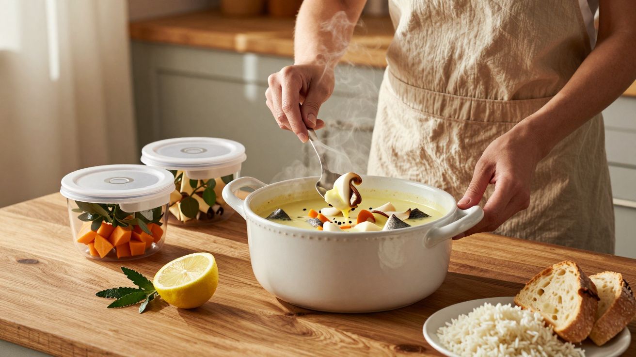 Pessoa mexe sopa em panela branca sobre balcão de cozinha com limão, pão, arroz e recipientes com legumes ao lado.
