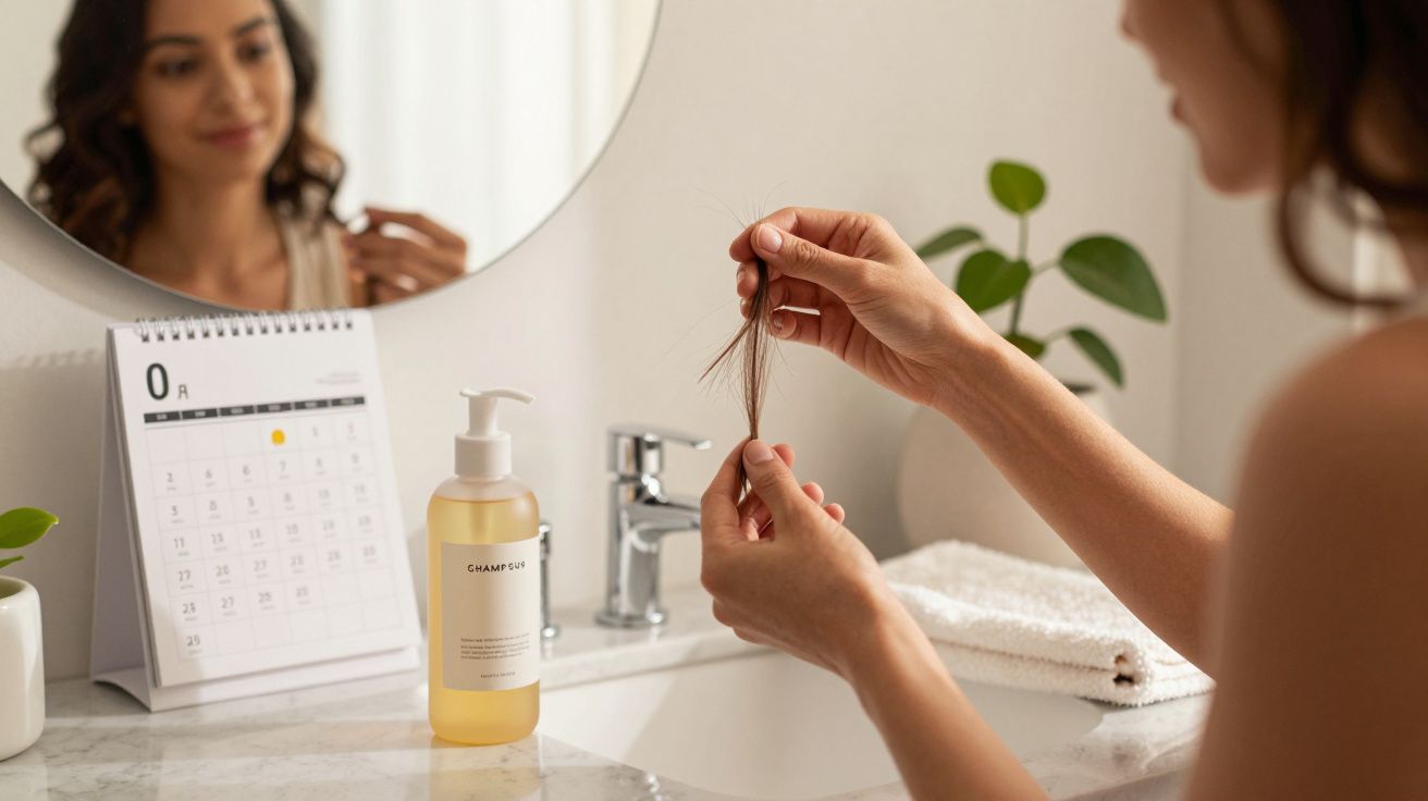 Mulher examina pontas do cabelo no espelho da casa de banho, com calendário e champô na bancada de mármore.
