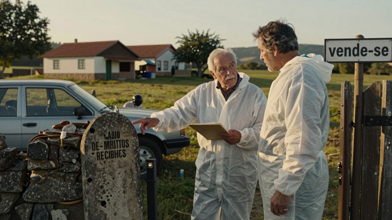Dois homens com batas brancas discutem perto de um carro e uma placa de "vende-se" num cenário rural.