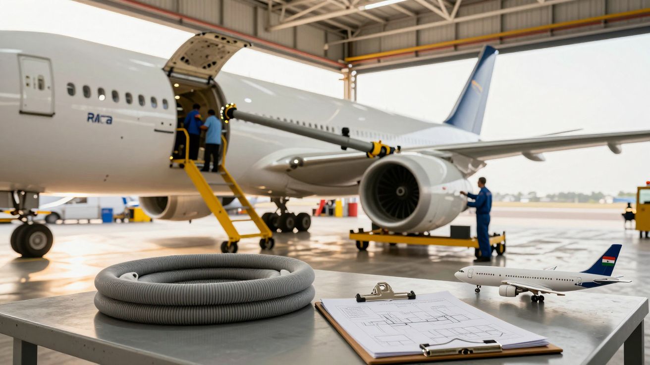Avião de grande porte em hangar com técnicos a bordo, mesa com maquete, plano e mangueira em destaque.