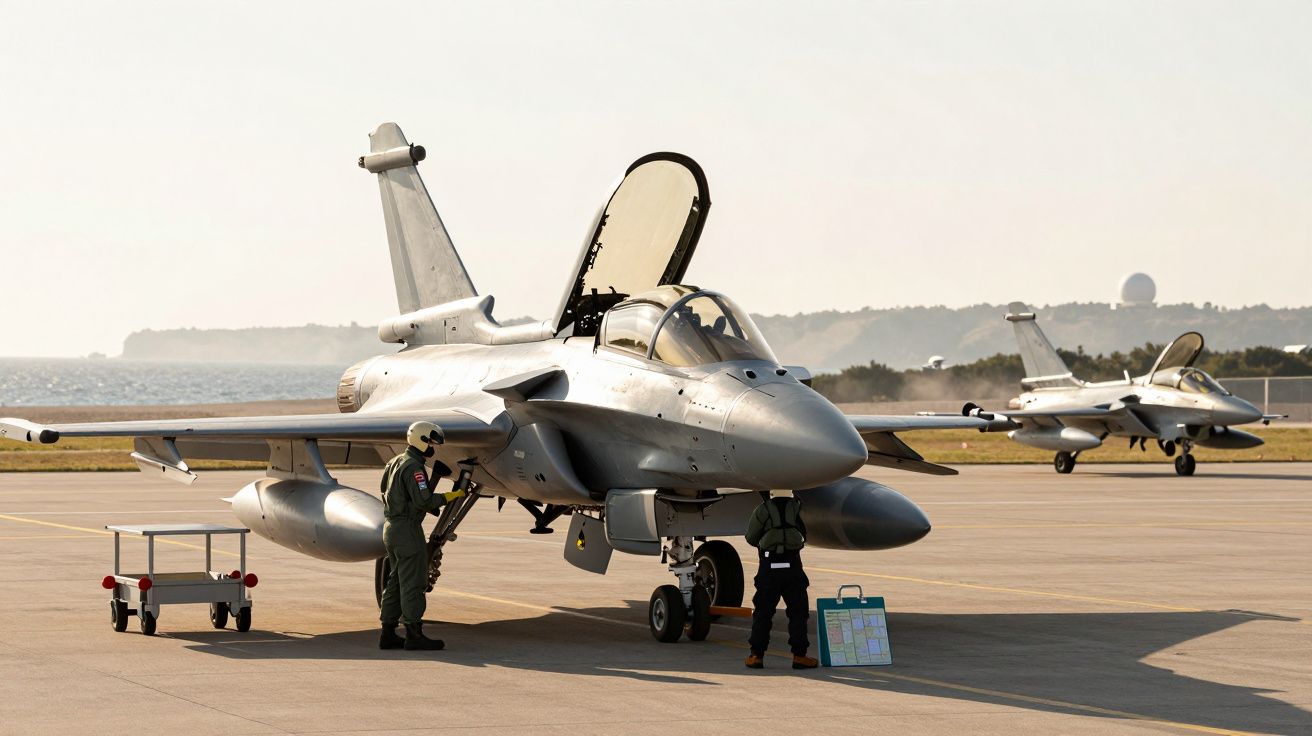 Dois caças de combate estacionados em pista, com pilotos ao lado e céu claro ao fundo.