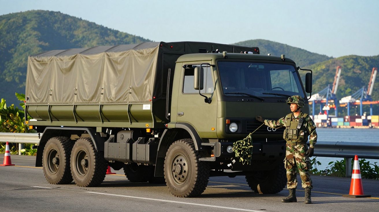 Camião militar verde estacionado numa estrada com um soldado ao lado, montanhas e porto ao fundo.