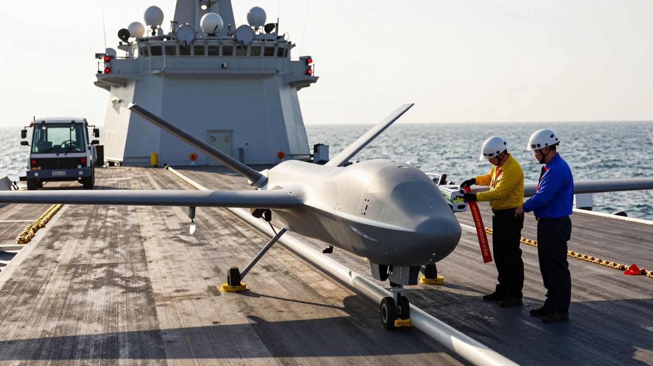 Dois trabalhadores verificam um drone em porta-aviões no mar, usando capacetes e roupa de segurança.