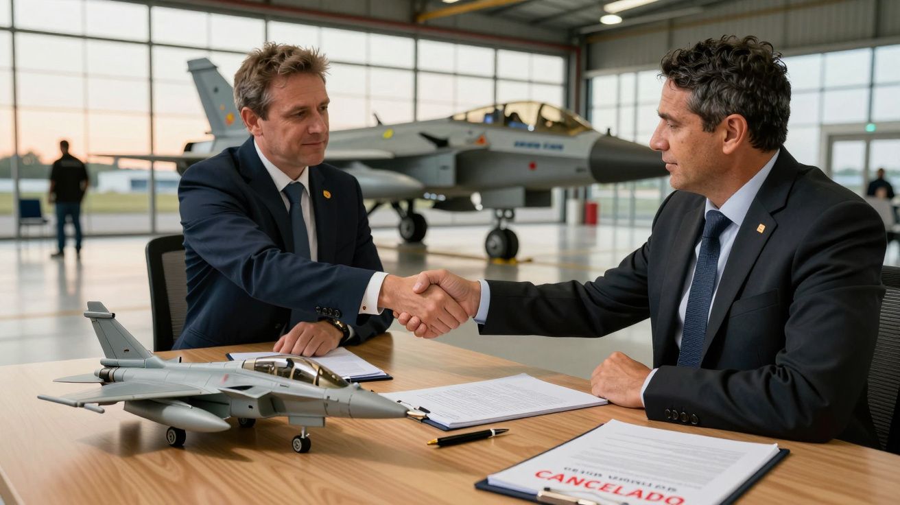 Dois homens em fato apertam as mãos numa mesa com miniatura de avião. Aviões em hangar ao fundo.