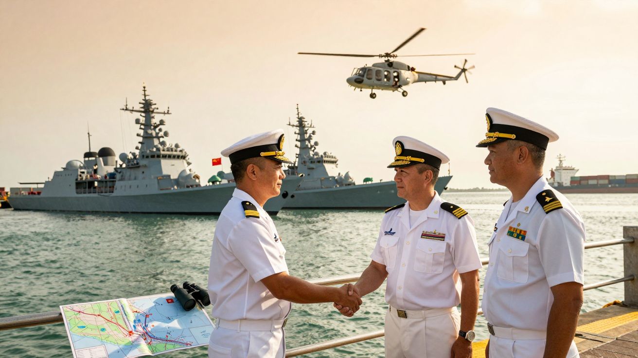 Três oficiais navais cumprimentam-se num porto, com um navio de guerra e um helicóptero ao fundo.