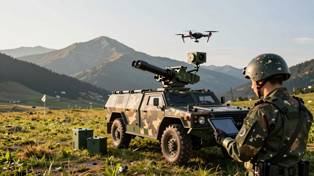 Soldado com tablet ao lado de veículo militar camuflado e drone em campo montanhoso.