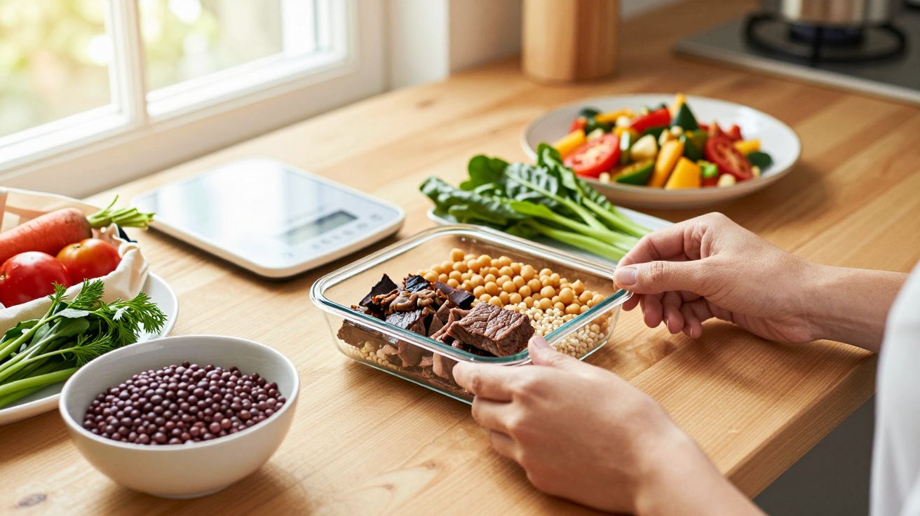 Pessoa prepara alimentos em recipientes de vidro, com legumes frescos e balança digital na bancada de cozinha.