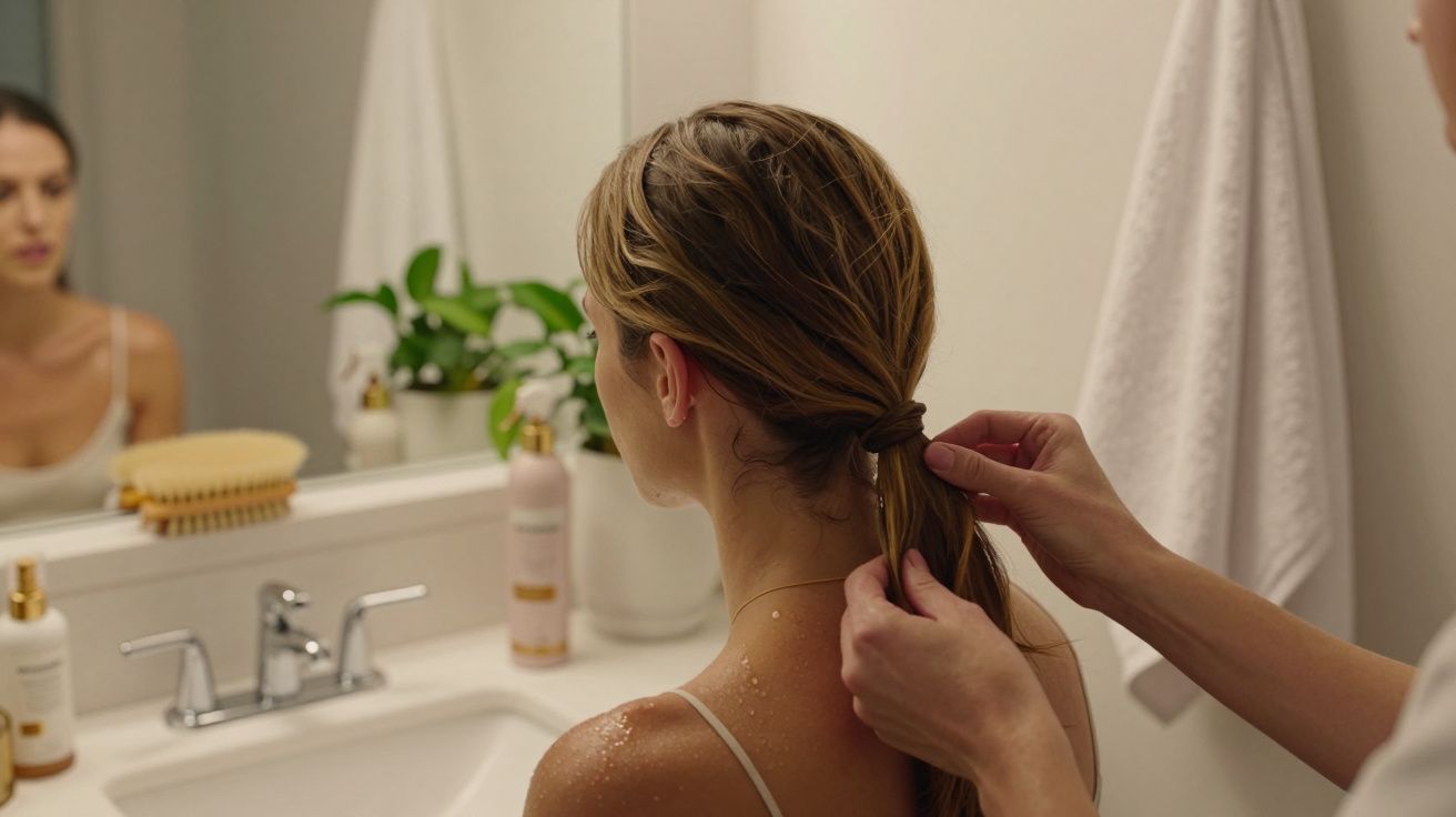 Mulher de costas com cabelo molhado a ser preso por outra pessoa em frente a um lavatório de casa de banho com plantas.