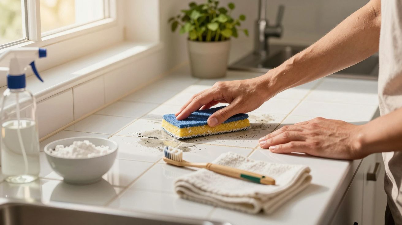 Pessoa a limpar balcão de cozinha com esponja, rodeada por plantas e produtos de limpeza.