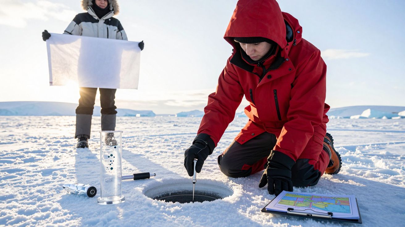 Investigadora de vermelho coleta amostra de gelo no Ártico; pessoa ao fundo segura objeto branco.