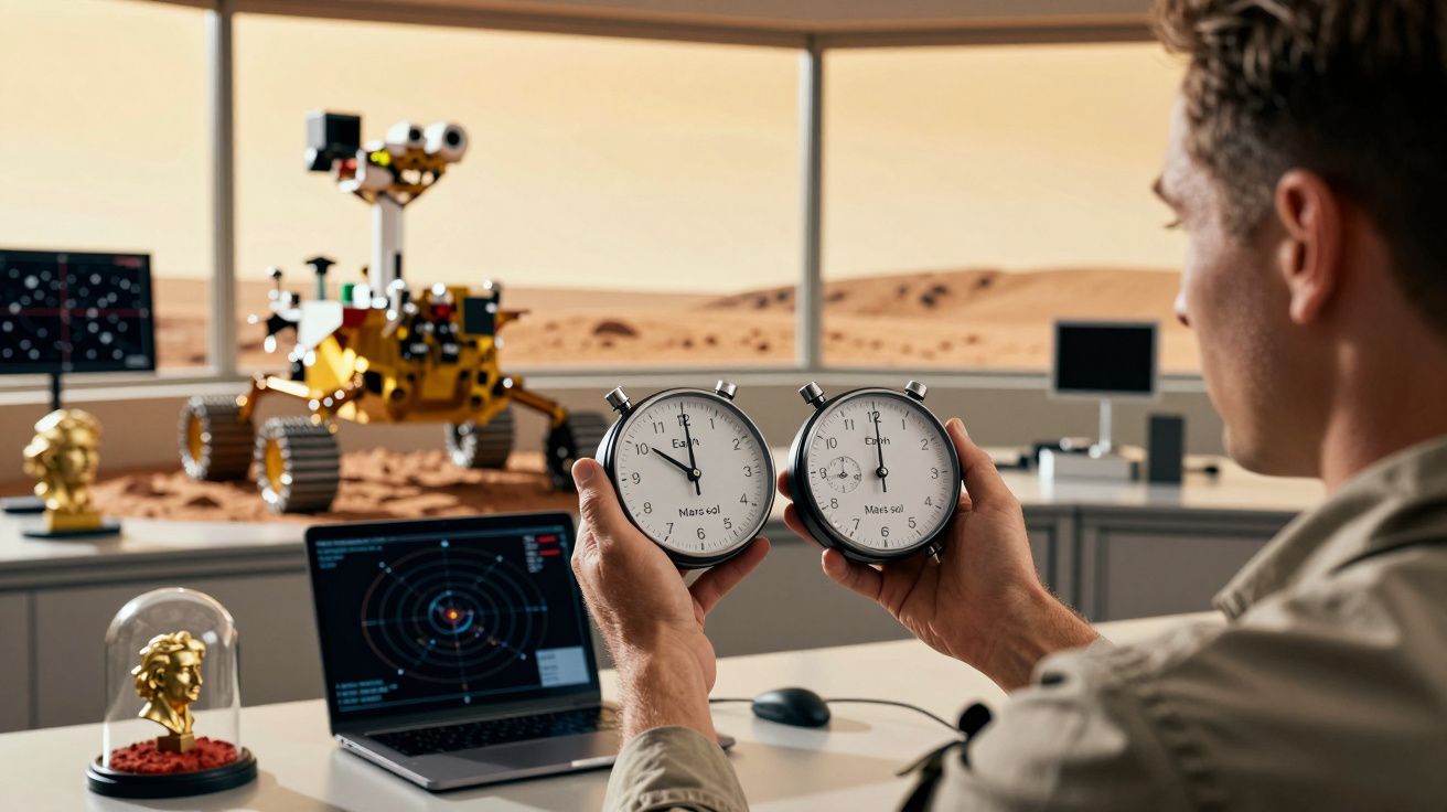 Homem segura dois cronómetros diante de um modelo de rover em Marte, com computadores ao fundo.
