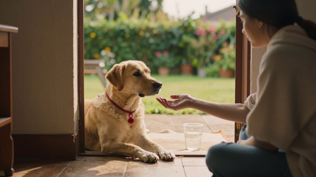 Pessoa estende a mão a um cão deitado numa porta, com um copo de água no chão ao lado.