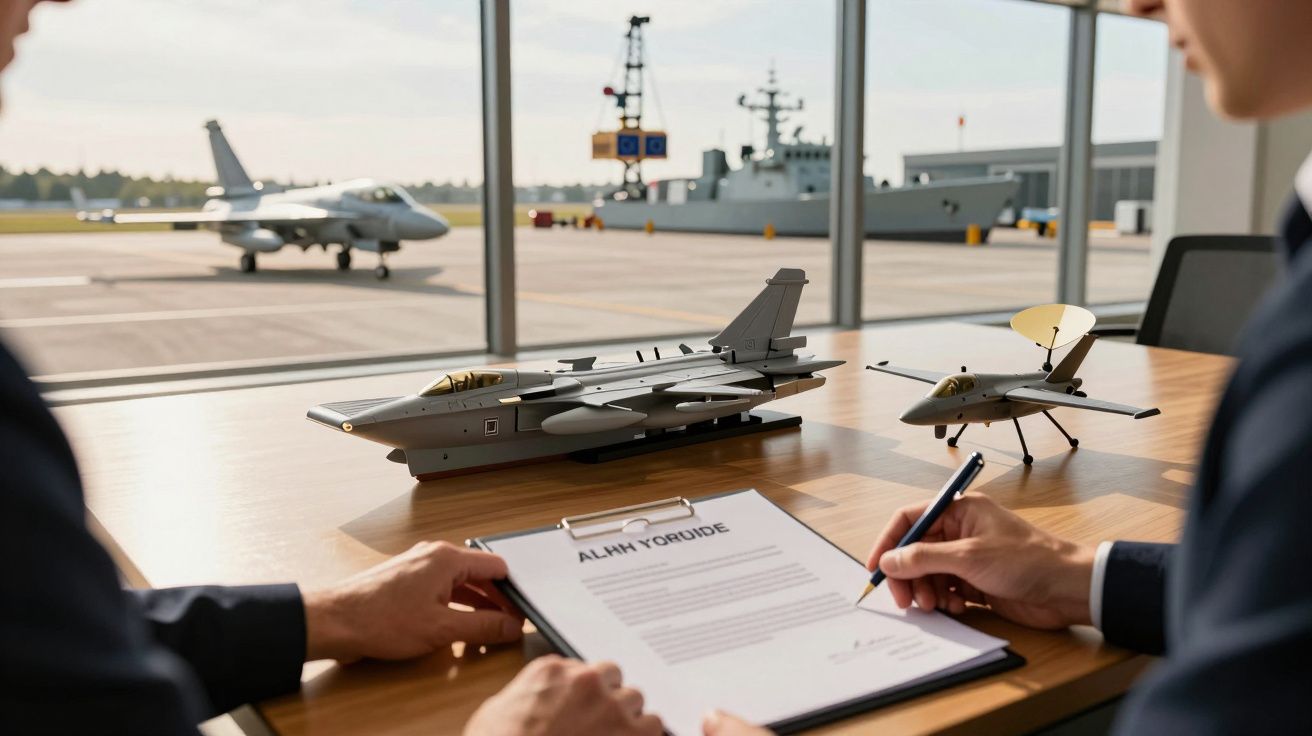 Mesa com modelos de avião e drone, duas pessoas assinam documento. Janela mostra avião no ar e navio ao fundo.