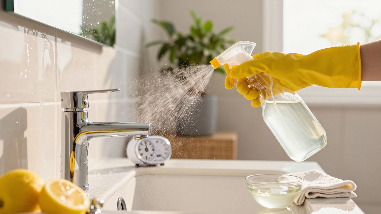 Mão com luva amarela a pulverizar detergente numa torneira da casa de banho, com limões ao lado.