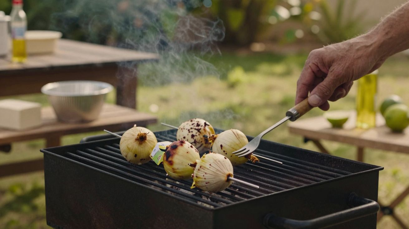 Mão virando cebolas grelhadas no espeto em churrasqueira ao ar livre, com fumo visível e mesa ao fundo.