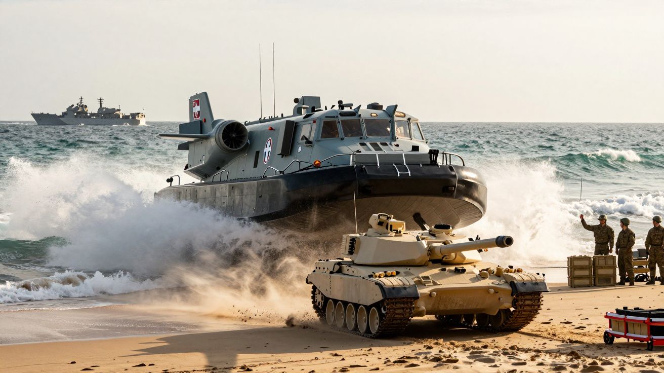 Hovercraft militar e tanque desembarcam em praia; navio no horizonte e soldados observam.