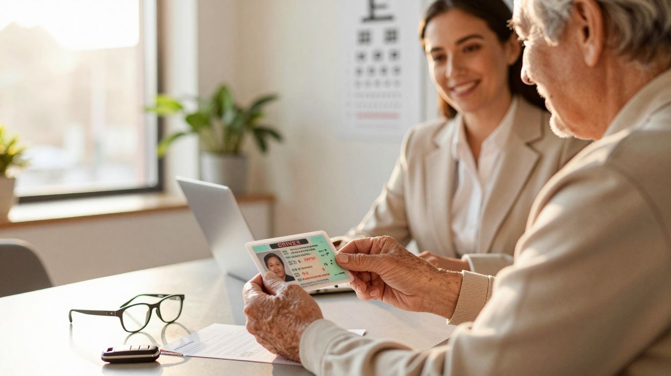 Homem idoso segura cartão de identificação enquanto conversa com mulher num escritório iluminado pelo sol.