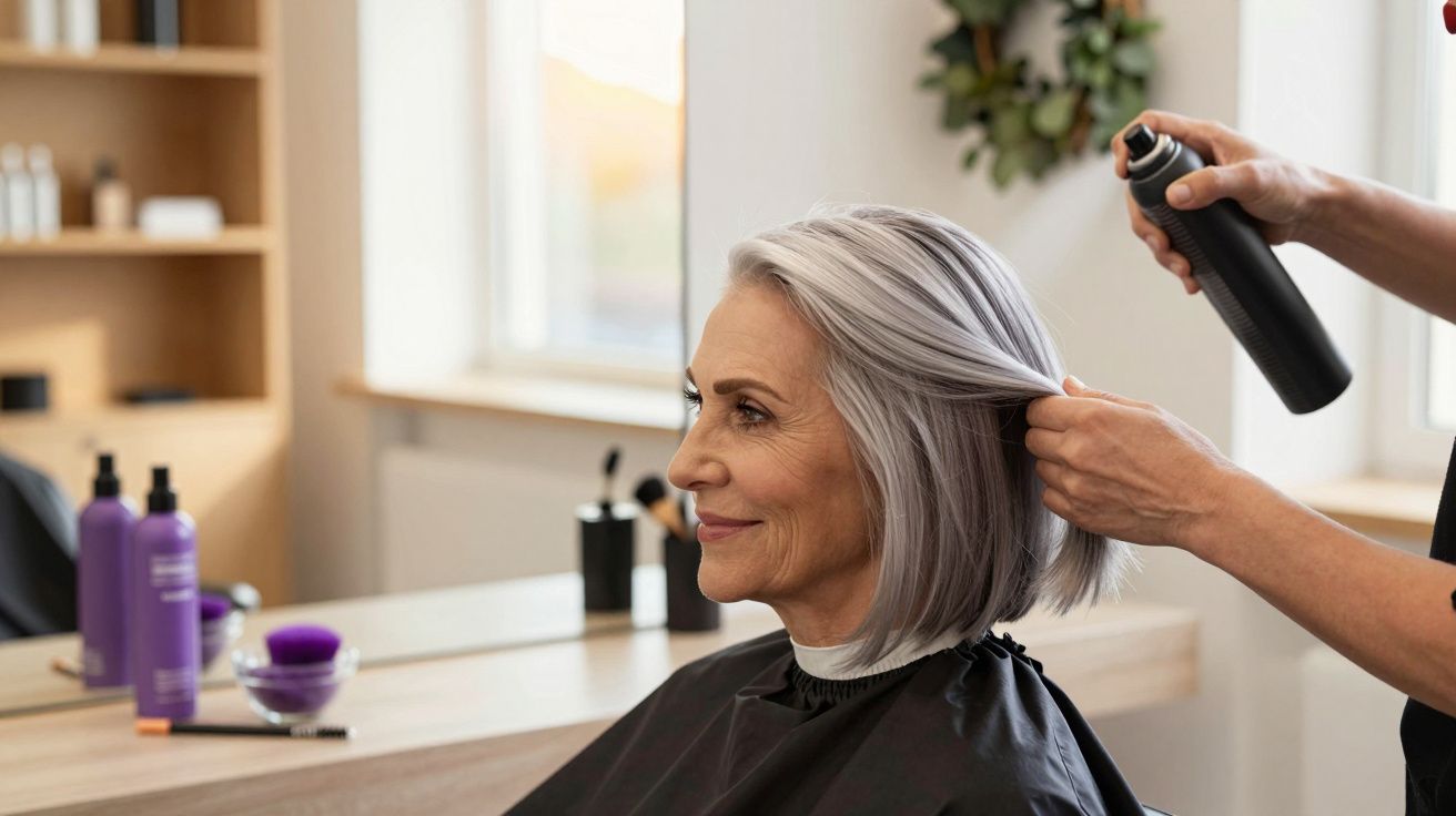 Mulher idosa em salão de cabeleireiro, cabelo grisalho sendo arranjado com spray por profissional.