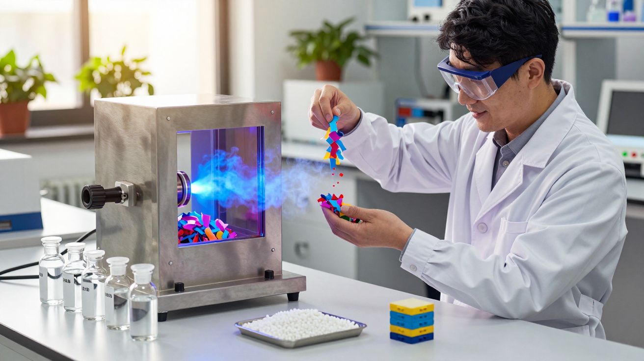 Cientista, de bata branca, usa máquina em laboratório, manipulando objetos coloridos com vapor azul.