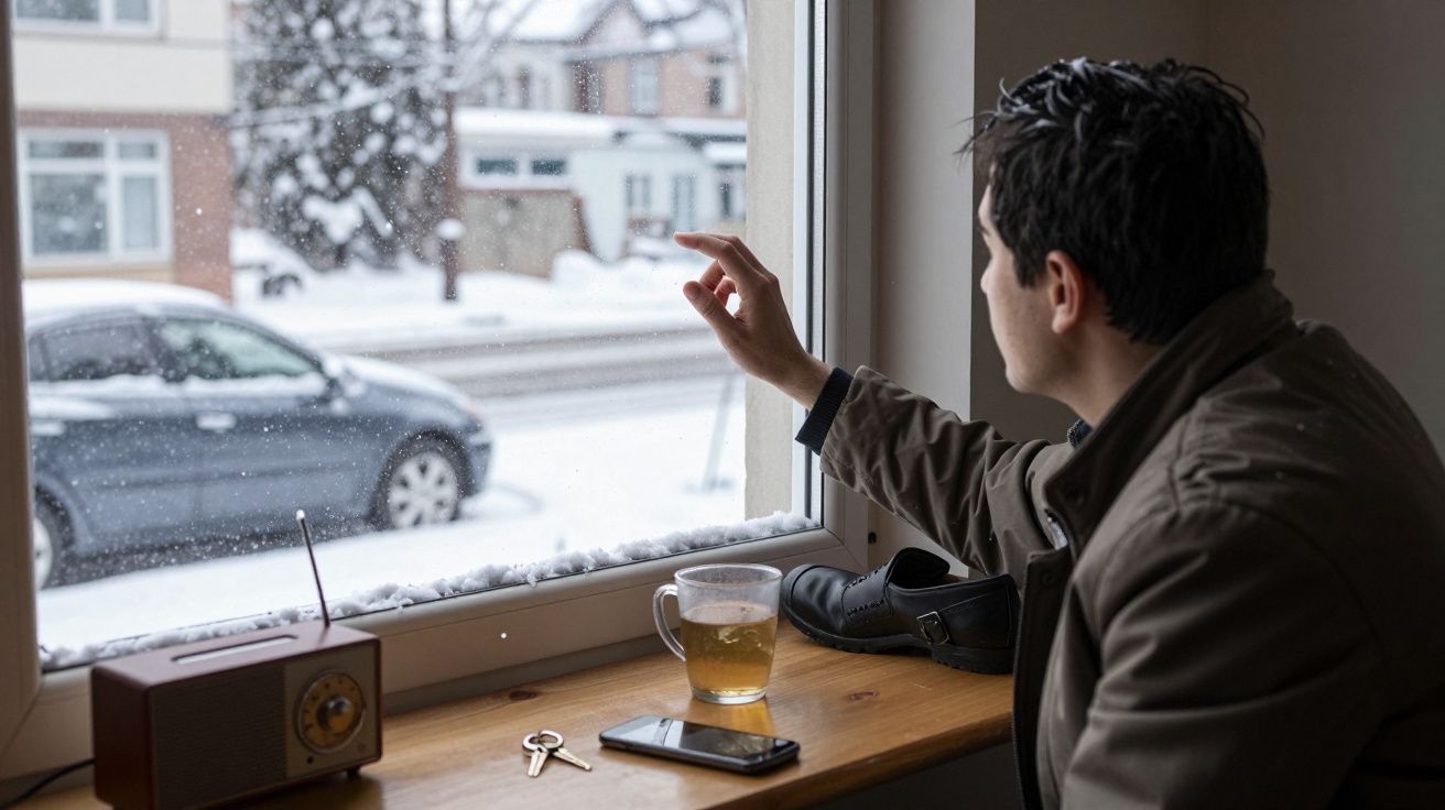 Homem sentado à janela a observar neve cair. Chávena de chá, rádio, sapato, telemóvel e chaves na mesa ao lado.