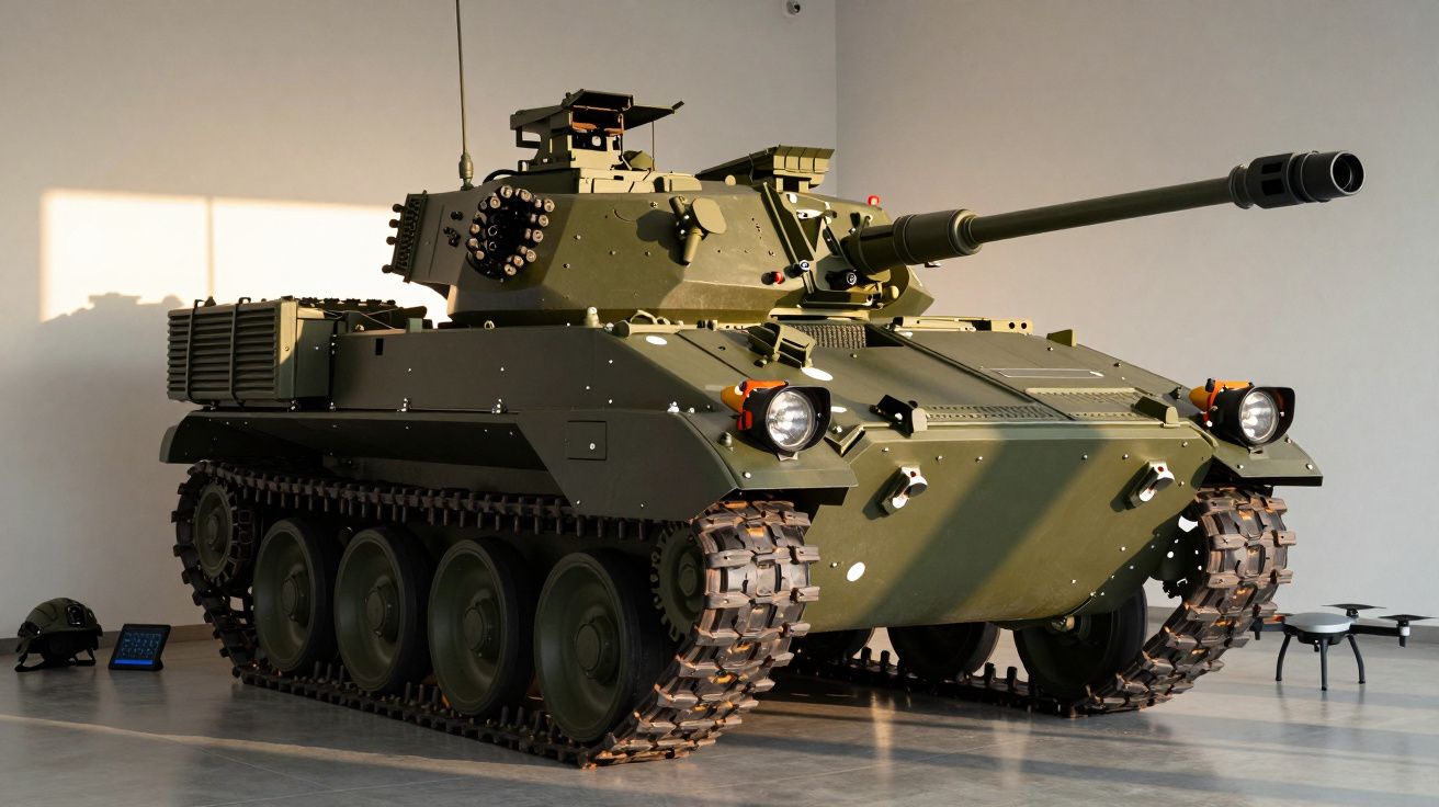 Tanque militar verde em exposição numa sala, iluminado pela luz do sol.