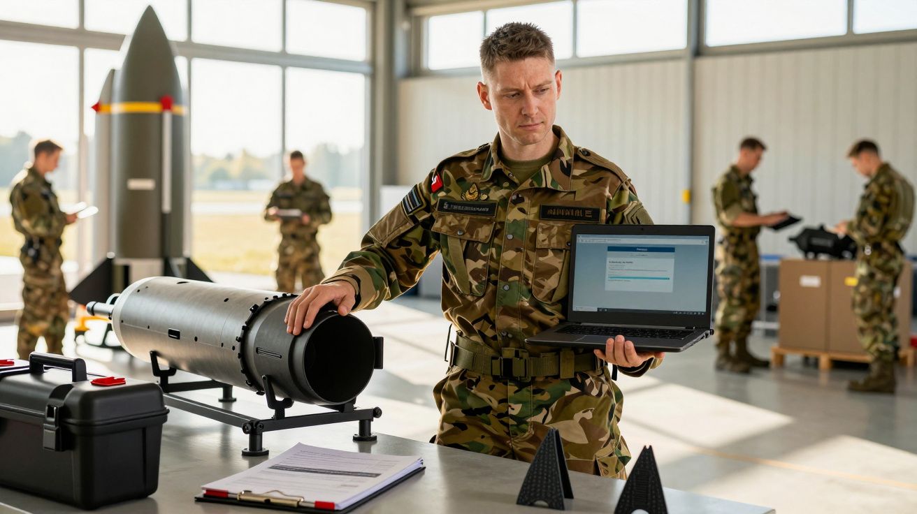 Soldado em uniforme camuflado segura laptop num hangar, com equipamento militar ao redor e mais soldados ao fundo.