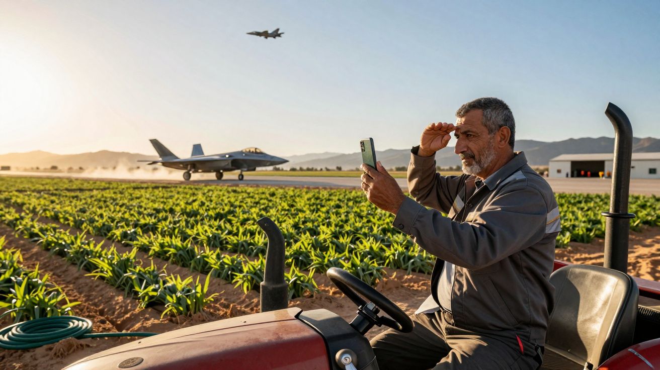 Homem tira foto de avião militar em campo agrícola, ao pôr do sol, sentado num trator.