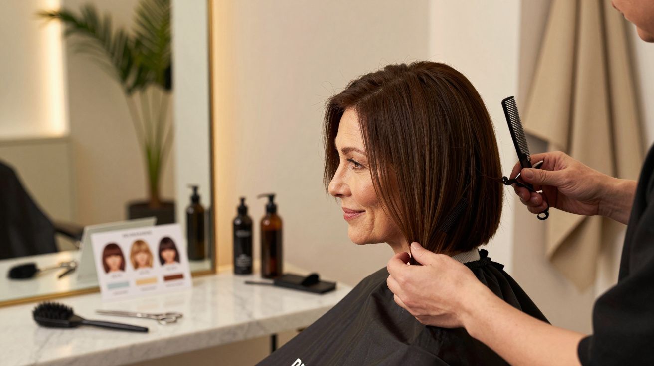 Mulher recebe corte de cabelo curto num salão, com cabeleireiro a usar pente e tesoura ao lado de produtos capilares.