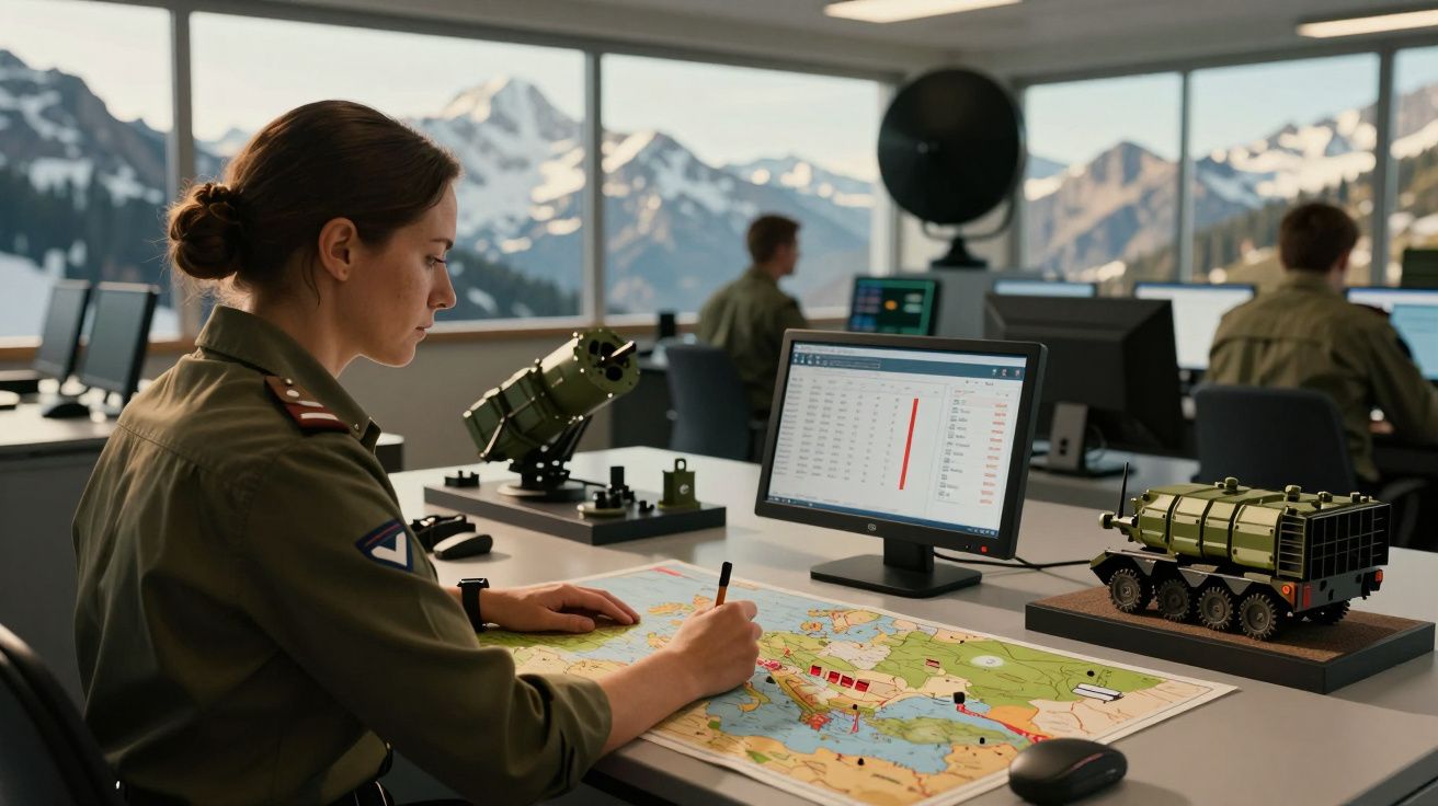 Mulher militar analisa mapa em escritório com montanhas ao fundo, computadores e miniatura de veículo militar na mesa.