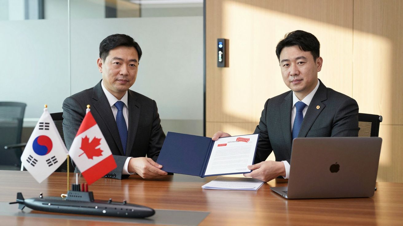 Dois homens em trajes formais seguram um documento de parceria, com bandeiras da Coreia do Sul e Canadá na mesa.