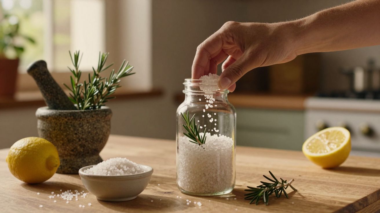 Mão colocando sal num frasco de vidro com alecrim. Limões cortados e pilão em fundo numa cozinha iluminada.