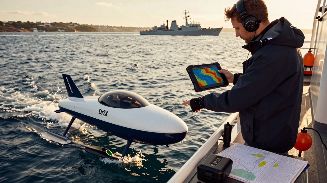 Homem opera drone marítimo com tablet no mar; navio de guerra ao fundo.