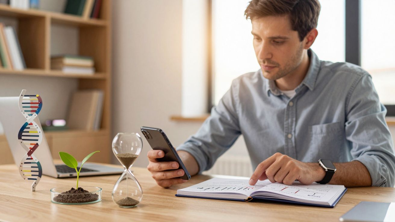 Homem sentado à secretária, consulta o telemóvel enquanto aponta num caderno, com ampulheta e planta ao lado.