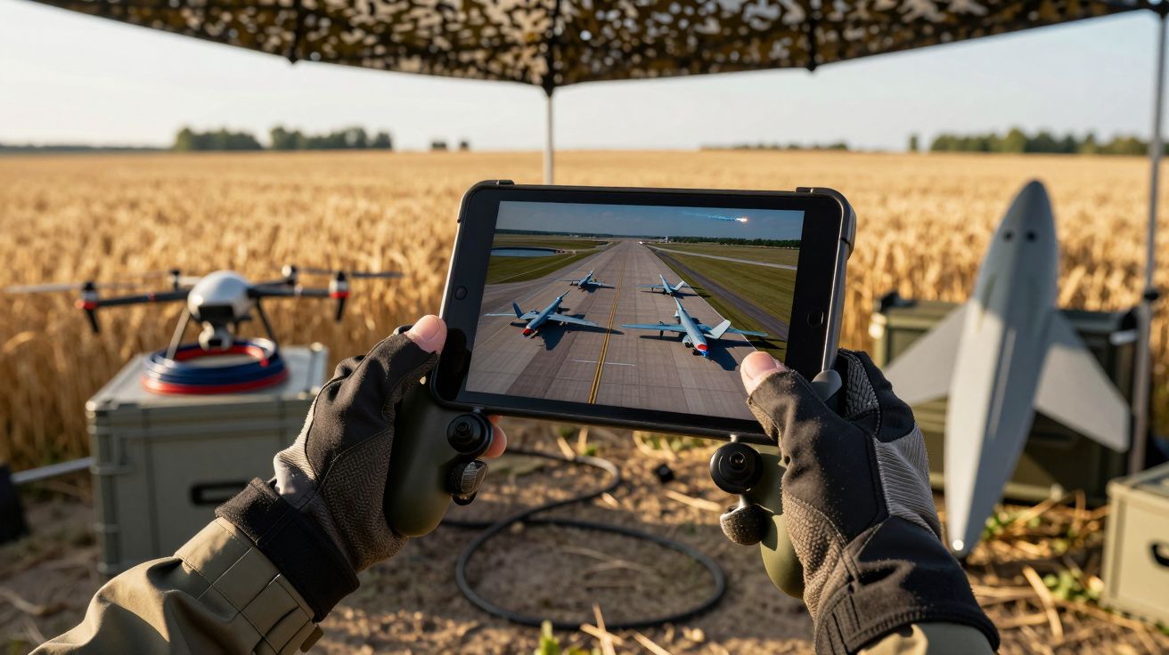 Pessoa opera drone em campo de trigo com tablet, mostrando imagem de aviões na pista.