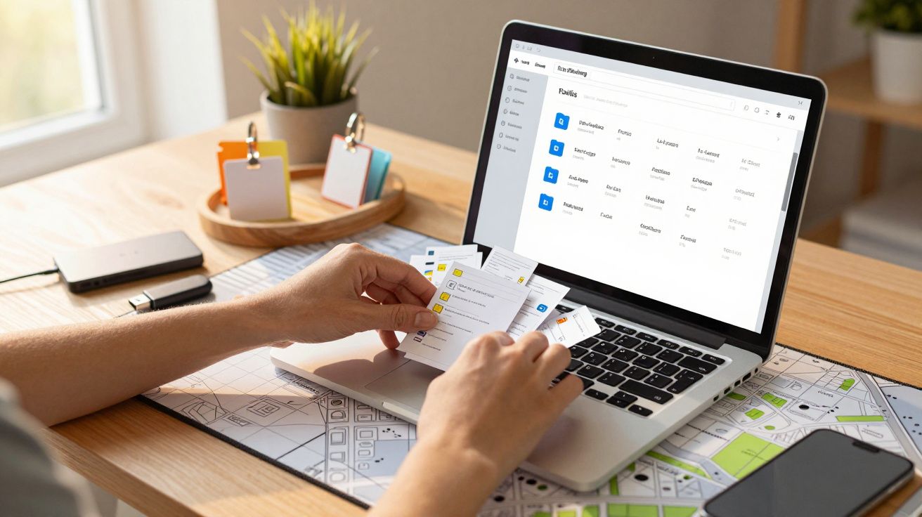 Pessoa a organizar cartões em frente a portátil, com ecrã mostrando esquema de pastas, mesa de trabalho ao fundo.
