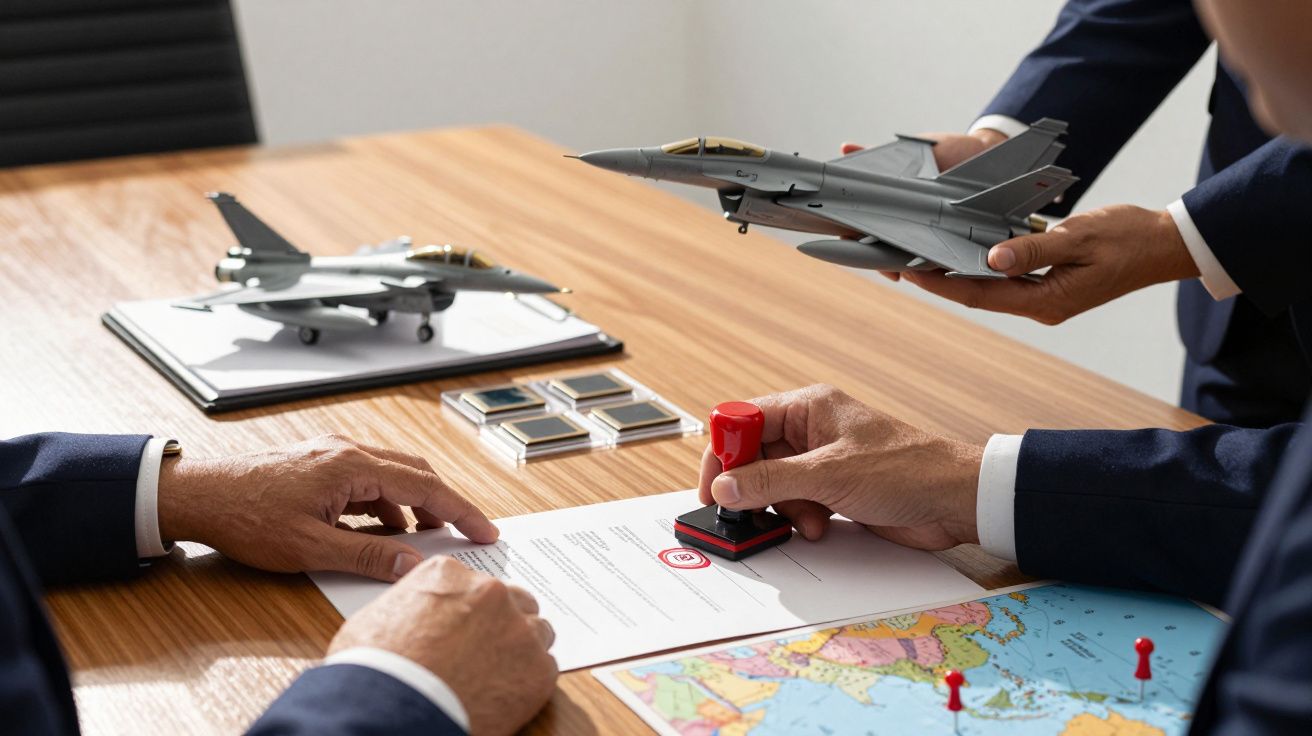 Executivos analisam contrato com modelos de aviões e carimbo em mesa de madeira, mapa-múndi ao fundo.